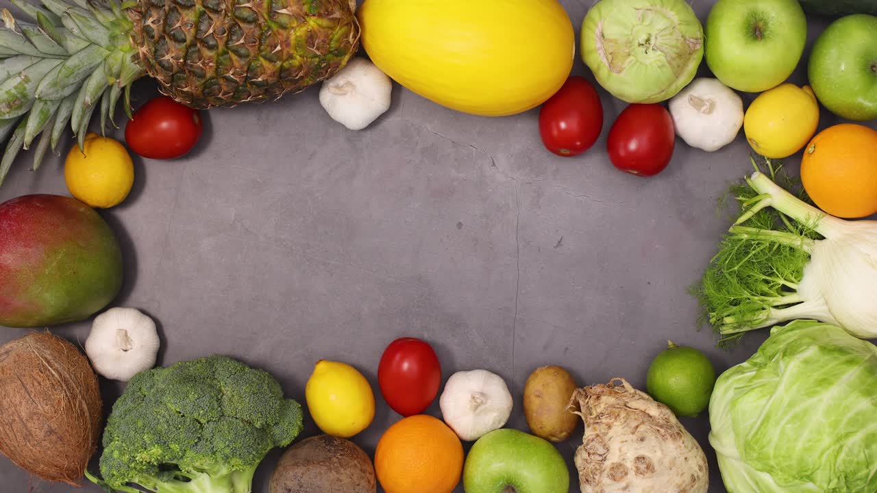 marco de estilo de vida saludable hecho de frutas y verduras orgánicas se mueve con espacio de copia en fondo oscuro. detener el movimiento