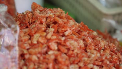 preserved sun dried shrimp, displaying on the tray at local fish market