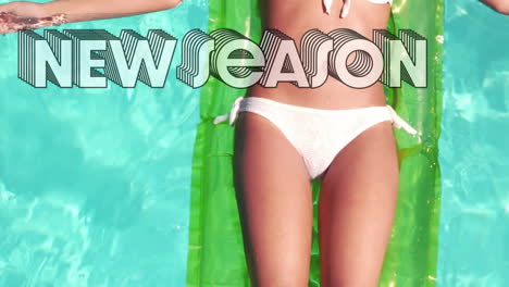 relaxing on green float in pool, person with new season animation overlay