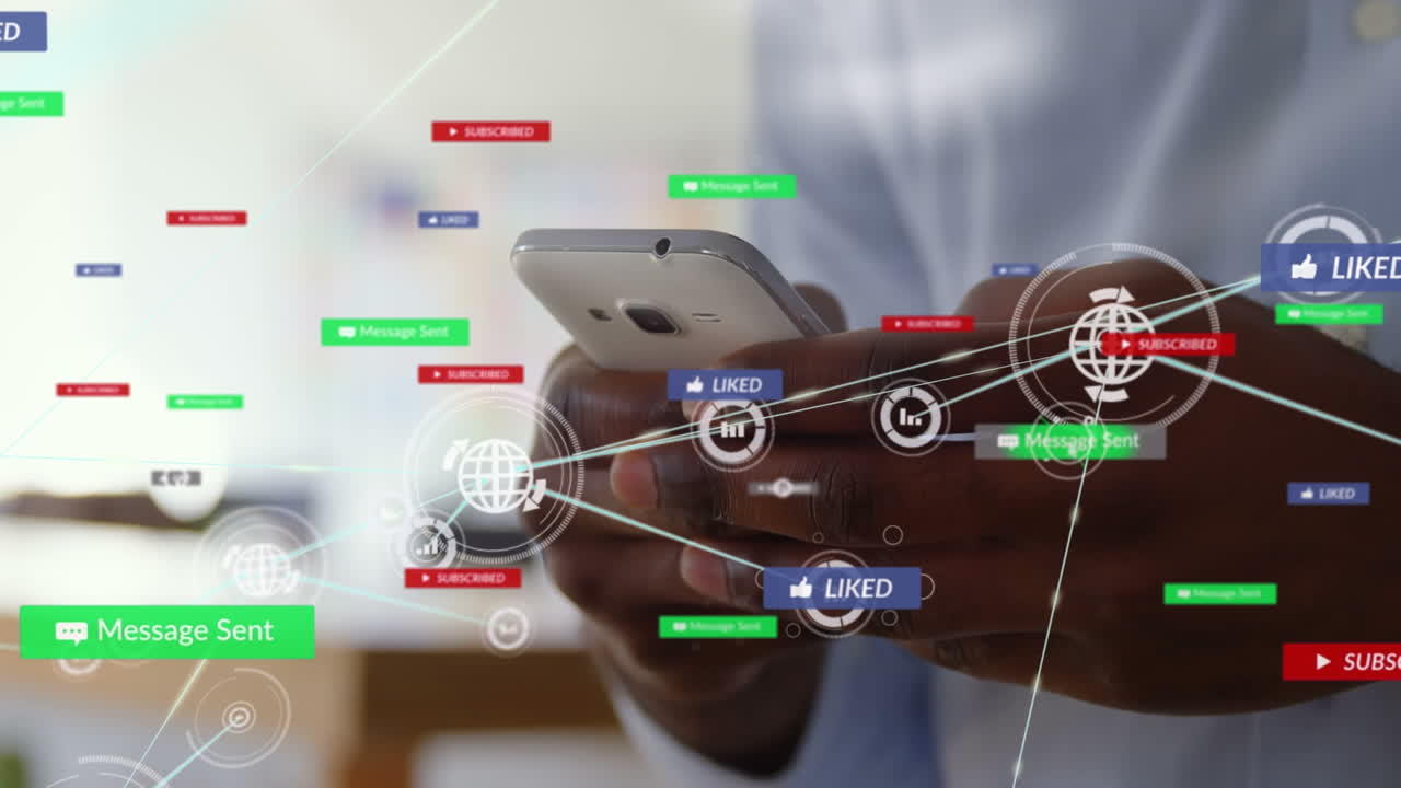 animación de una red de conexiones con iconos de los medios sobre un hombre afroamericano que usa un teléfono inteligente