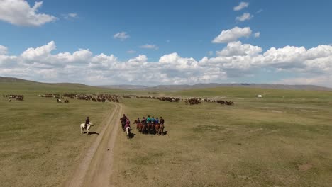 herd of horses galloping in mongolia endless steppes. aerial view