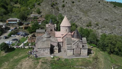 aerial orbits beautiful architecture of medieval goshavank monastery