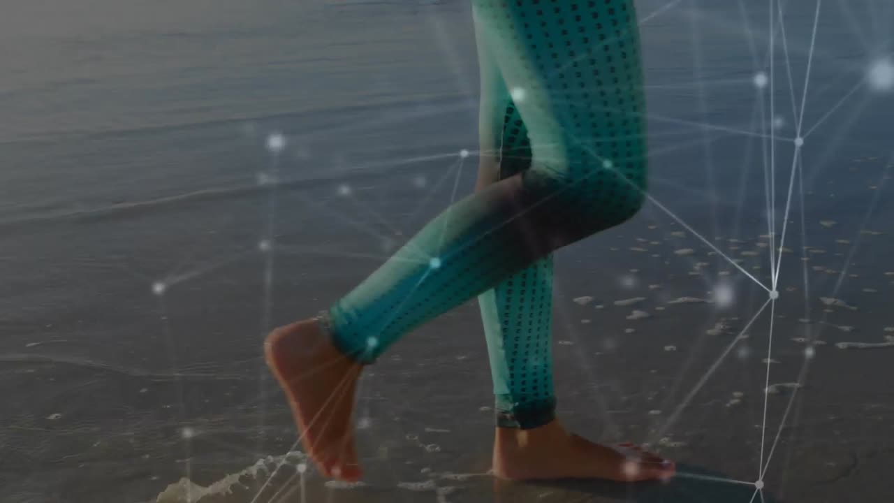 해변에서  ⁇ 고 있는 백인 여성에 대한 연결 네트워크의 애니메이션