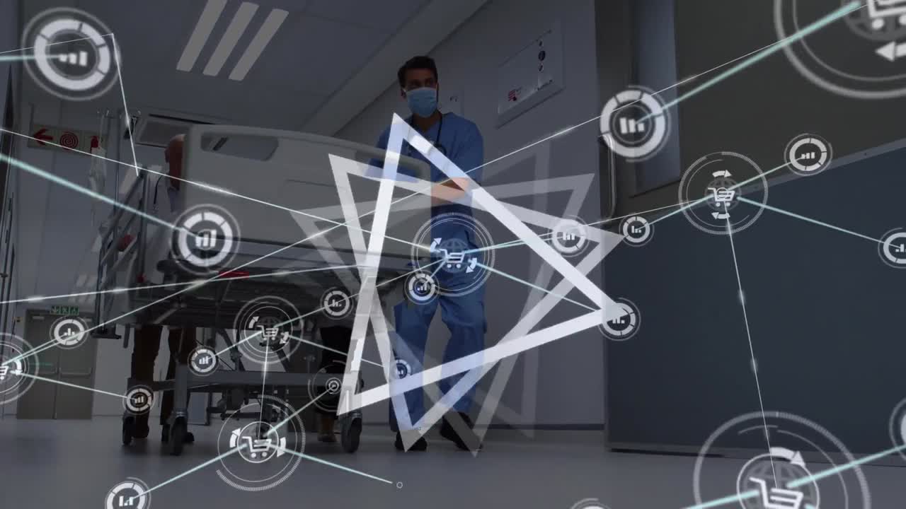 red de iconos digitales contra un equipo de trabajadores de la salud que apresuran a un paciente en la sala de operaciones