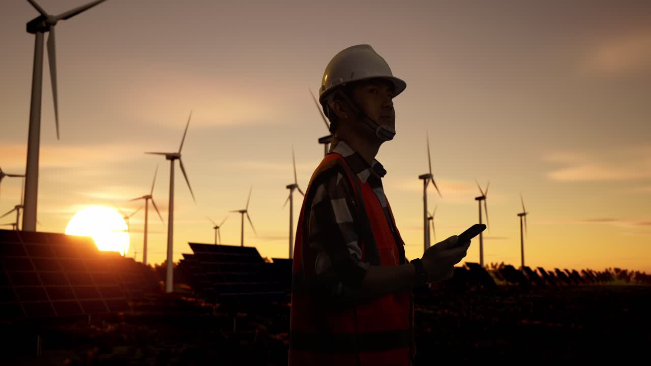 Engineer working at Wind Farm and Solar Farm at Sunset