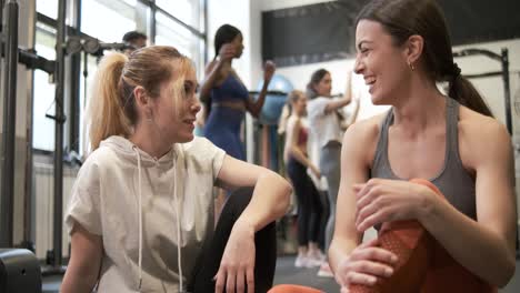 women relaxing and talking in a gym