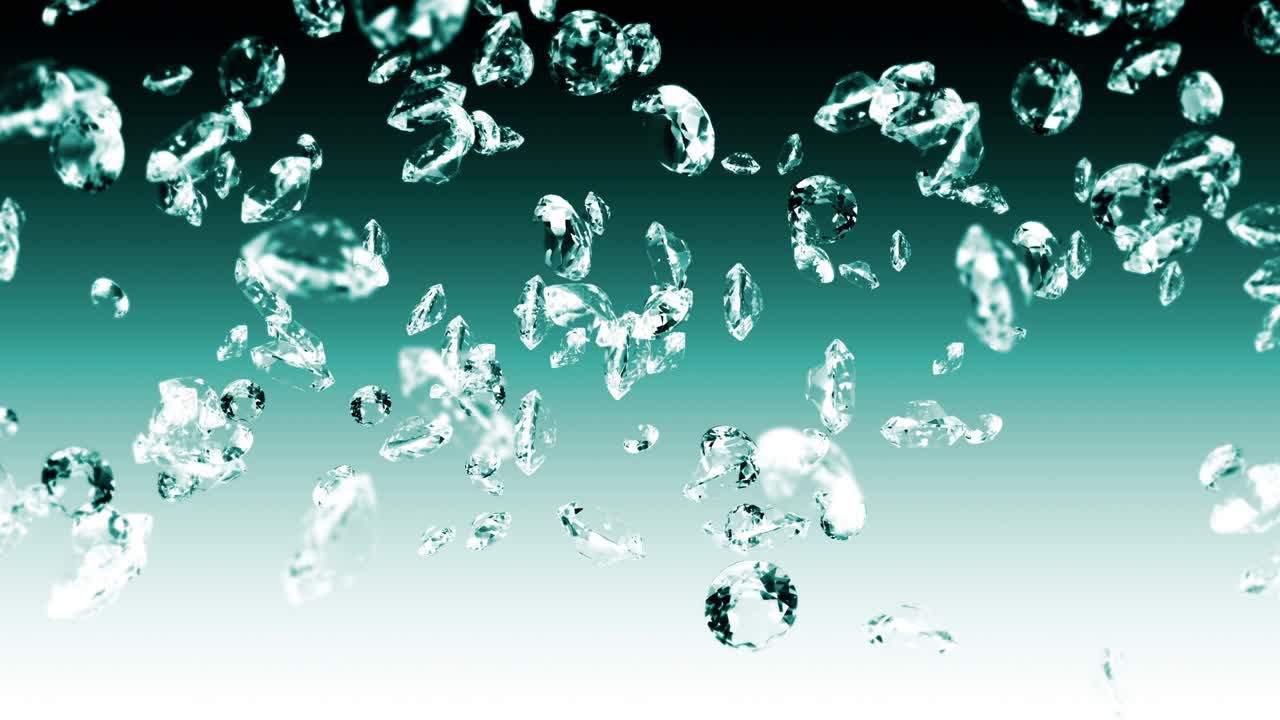 에메랄드 녹색 바탕에 많은 보석 다이아몬드를 날아. 투명하고 귀중한 보석을 빛니다. 화려한 다이애몬드 회전의 3d 애니메이션. 루프 애니메이션.