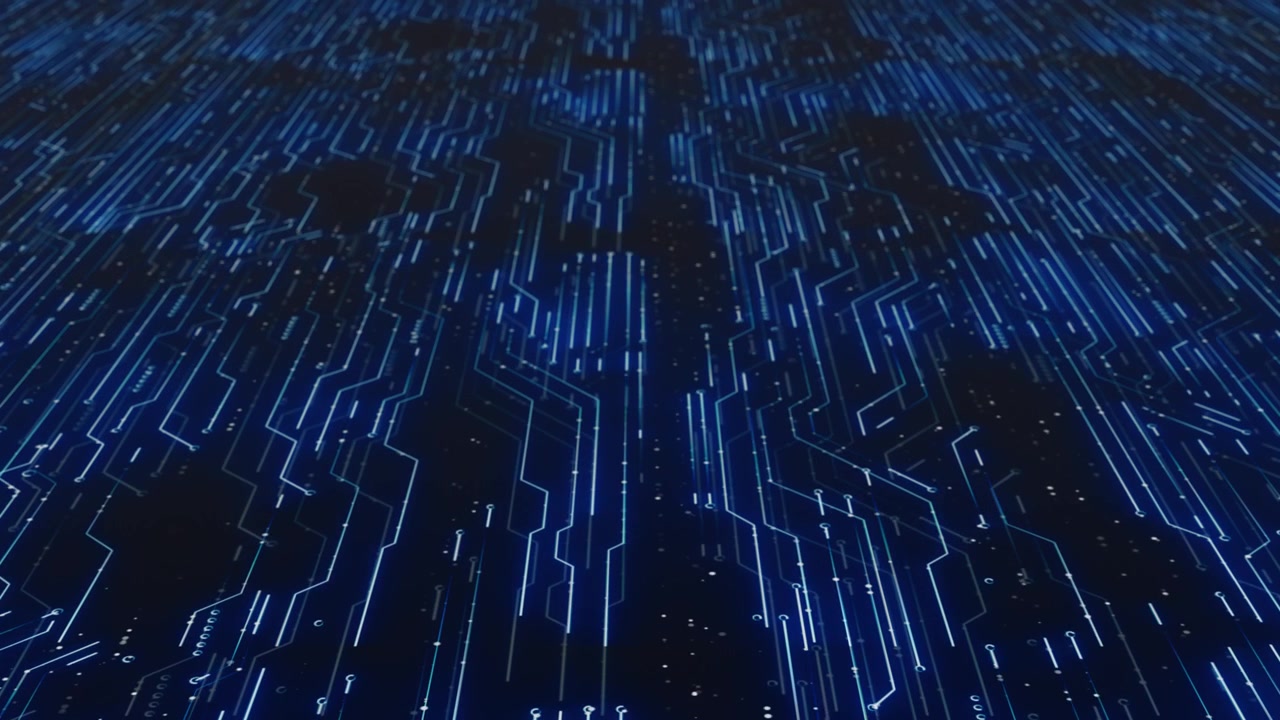 Wizualizacja linii elektronicznej płyty głównej z niebieskimi ścieżkami obwodów, rozmytą głębią i futurystycznym sprzętem.