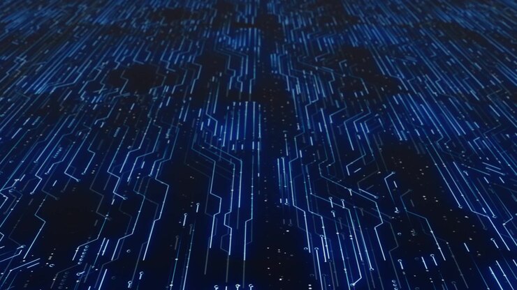 Immagine con linee di scheda madre elettronica, tracce di circuito blu, sfocatura di profondità e hardware futuristico