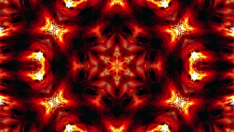 4k yellow orange red flicker rays, beams radiating from center, circulating, flickering, transforming in flowers stars mandala pattern on black background. abstract kaleidoscope fiery pulsation.