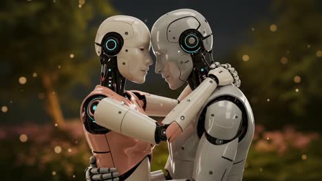 an intimate moment between two advanced robots capturing the essence of connection and emotion in a beautifully rendered digital environment
