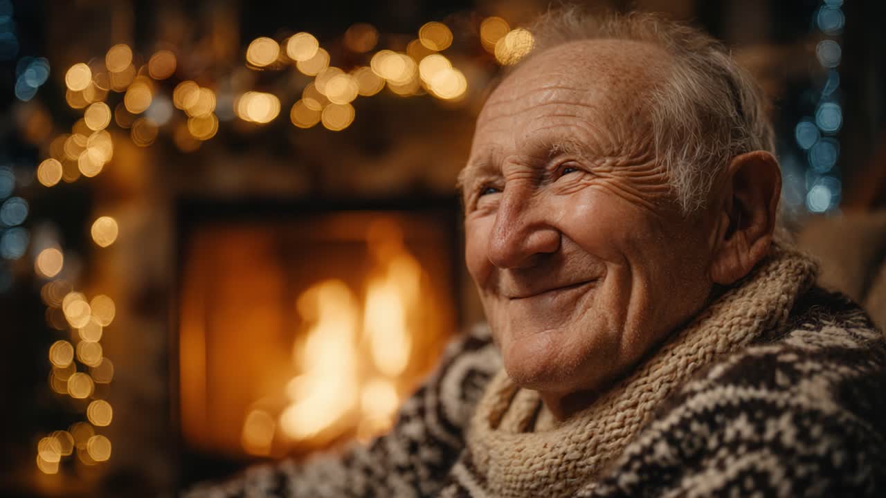 Heartwarming Moments: An Elderly Man's Joyful Smile by the Warm Firelight Surrounded by Festive Lights, Celebrating Life's Simple Pleasures