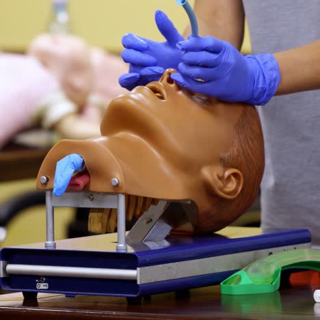 medic shows how to insert oxygen tube in nose of a medical dummy. competent doctor with nesessary instruments in hands