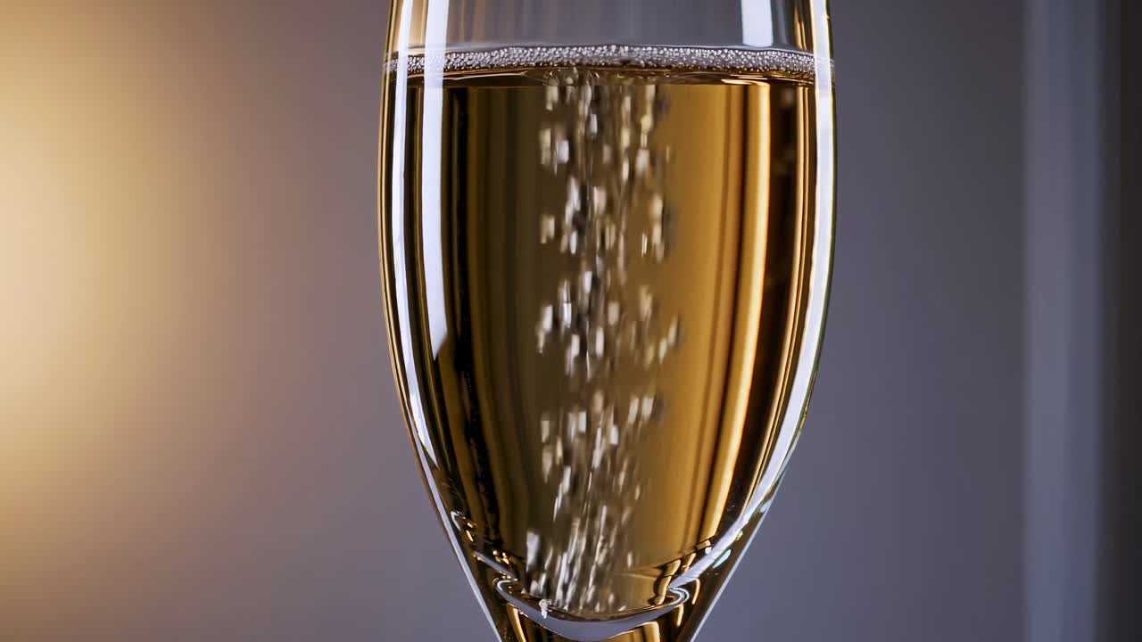 Video ravvicinato di bollicine di champagne che salgono in un bicchiere, ripreso da un'angolazione laterale, che ne evidenzia l'eleganza