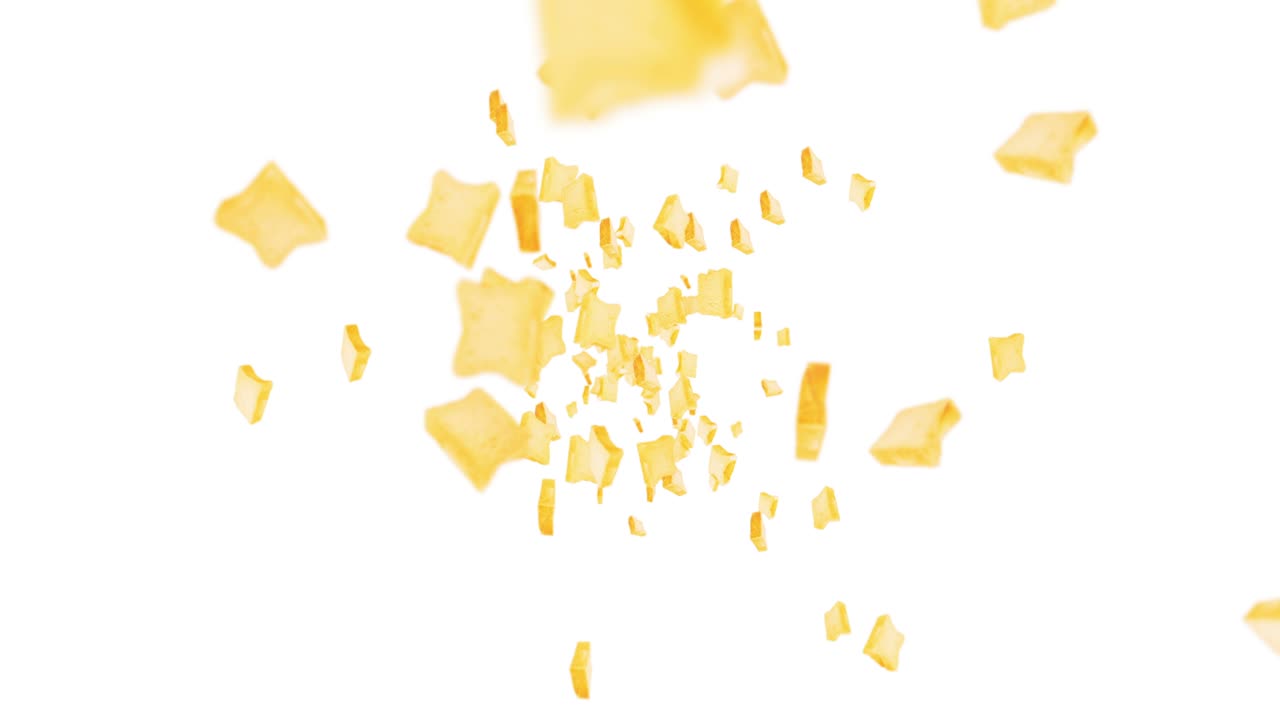 색 배경에 많은 평평한  조각을 날아. 식품, 음식 및 먹는 개념. 밀  조편의 3d 애니메이션 회전. 루프 애니메이션.