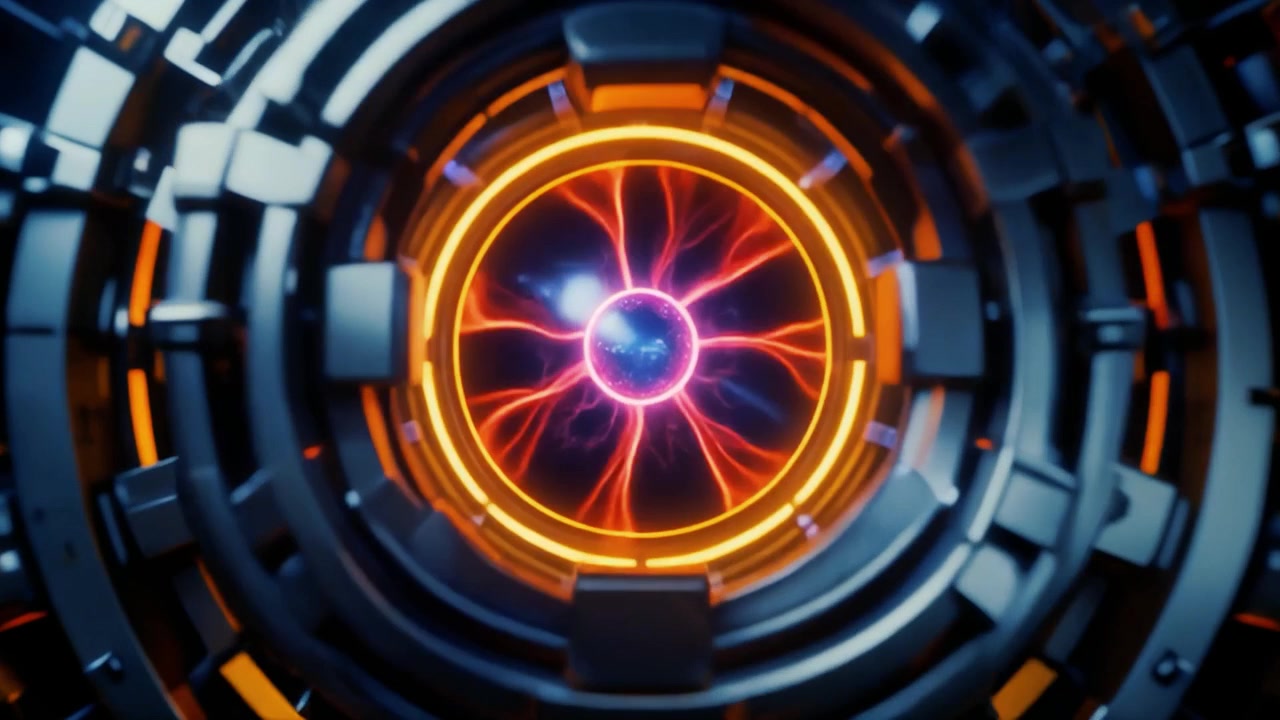 Nucleo meccanico futuristico che si attiva con energia al plasma luminosa