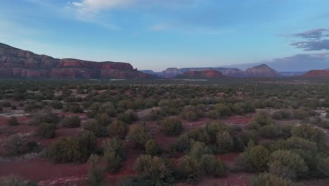Bushes-On-Red-Desert-Landscape-Of-Sedona-In-Arizona,-USA---aerial-drone-shot
