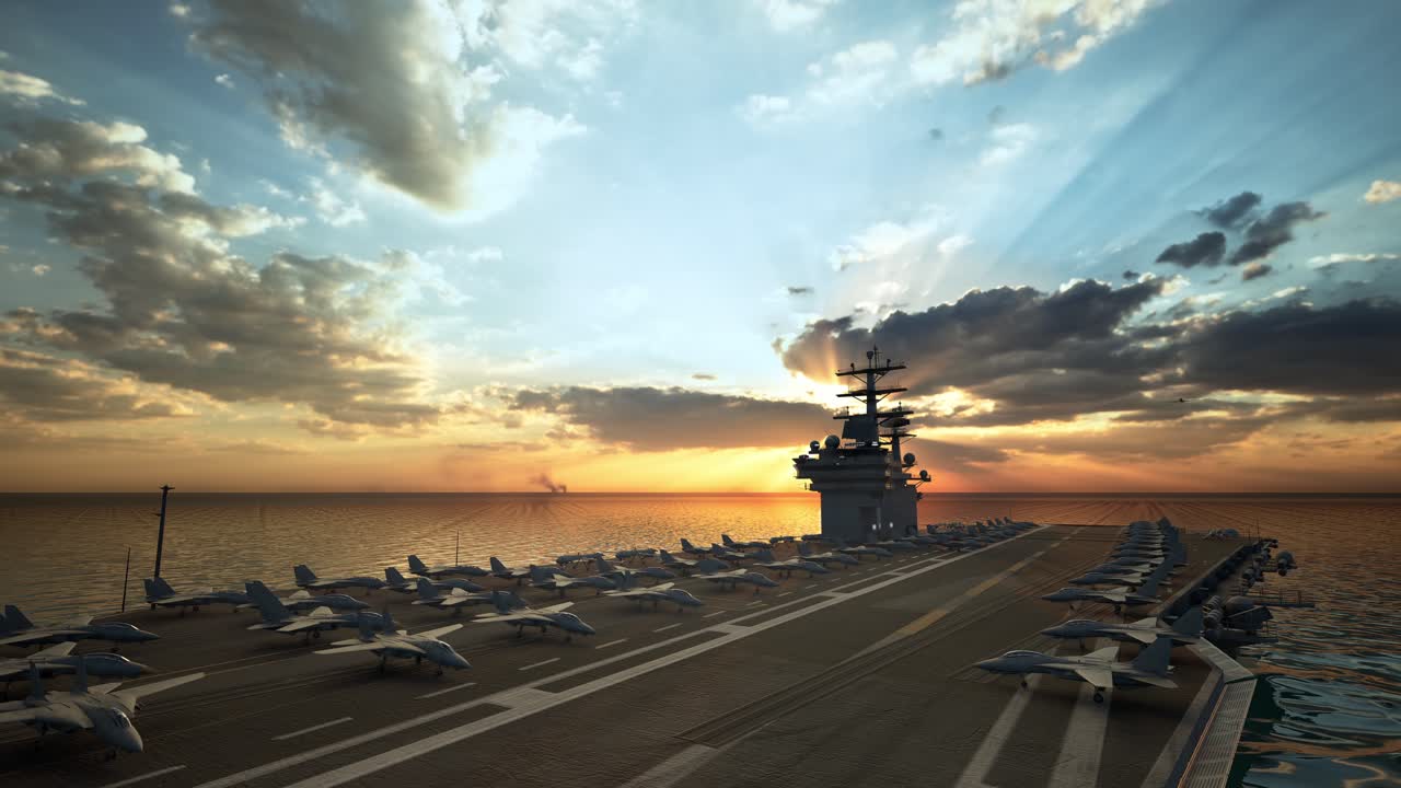 Aircraft Carrier Warship Battleship In The Ocean Navy, Sunset Time
