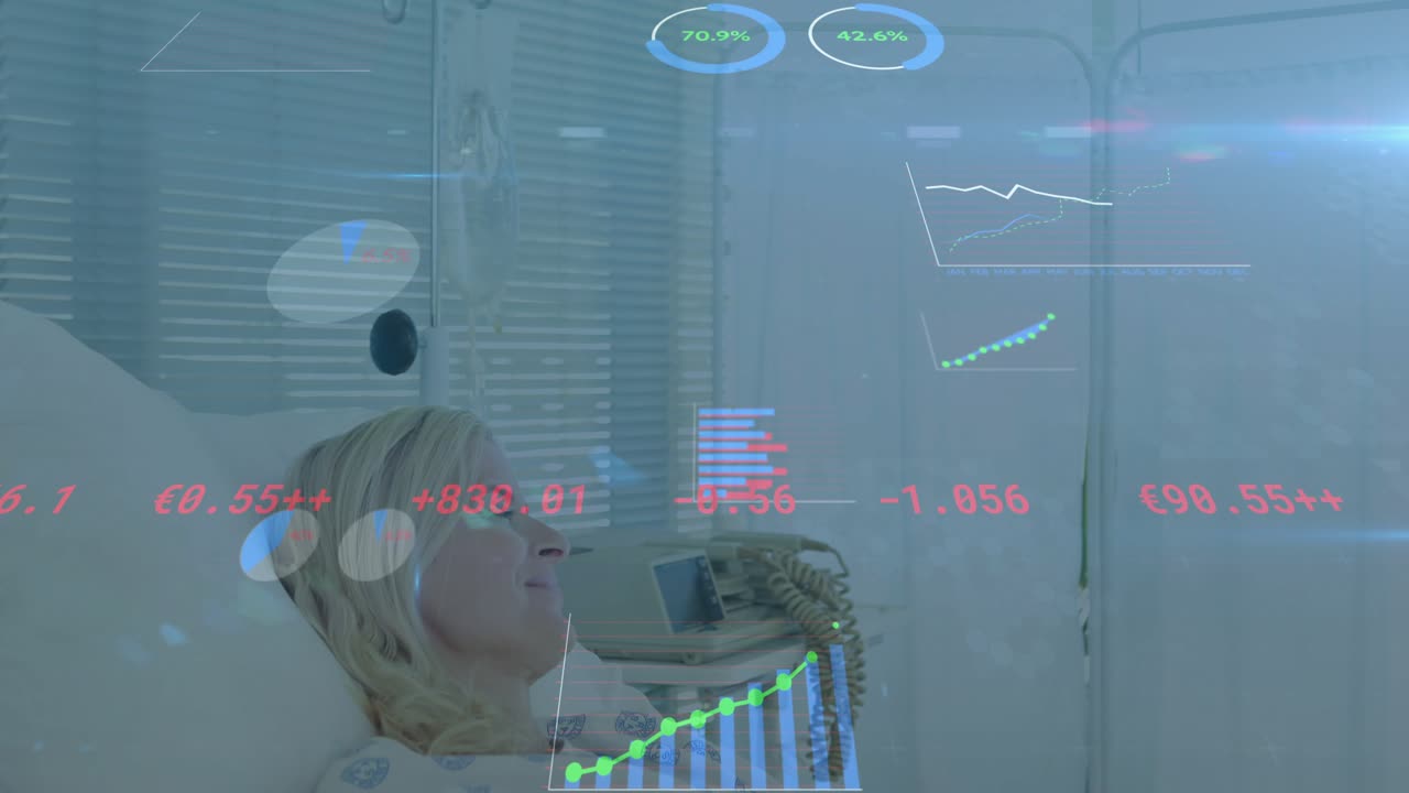 Nurse approaching patient in hospital, touching hand, reassuring, explaining shifting line charts