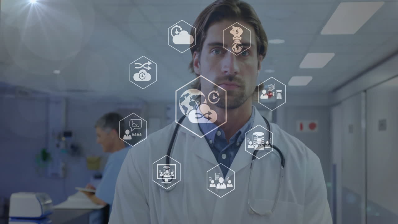 Male doctor wearing stethoscope at nursing station, nurse using tablet, hexagonal icons floating