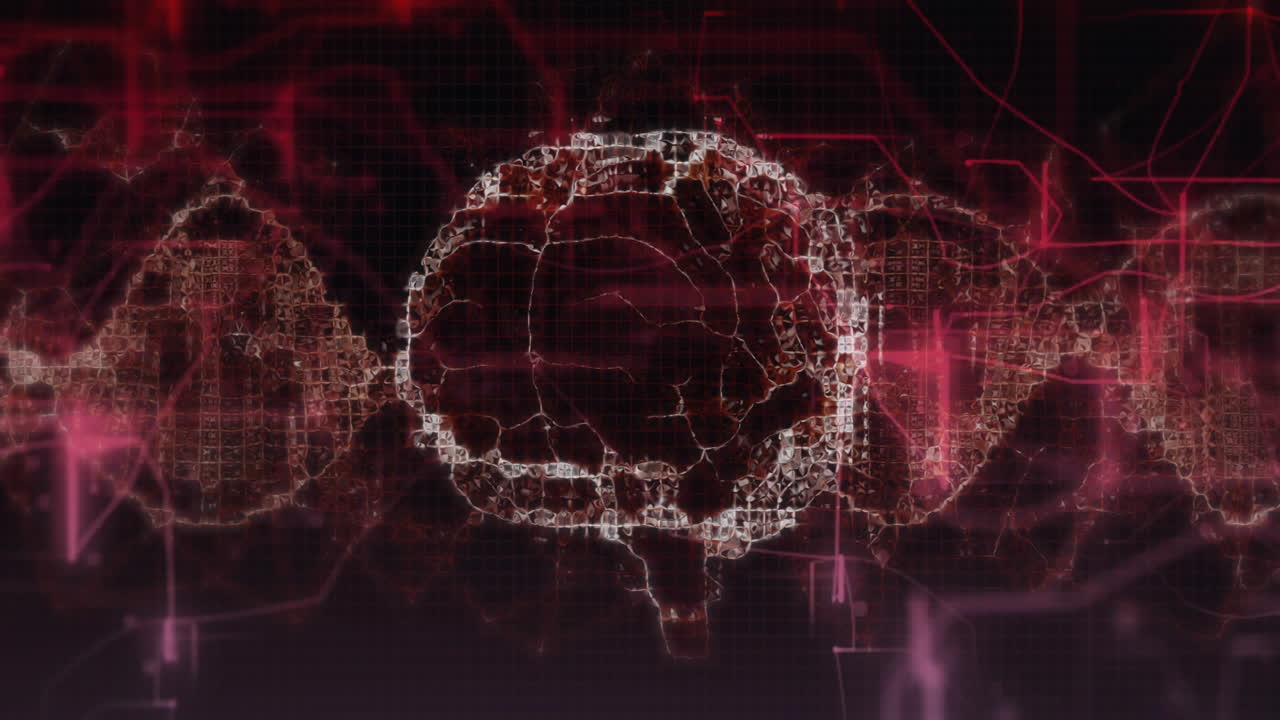 Animation of digital brain and neural network with red and black abstract background