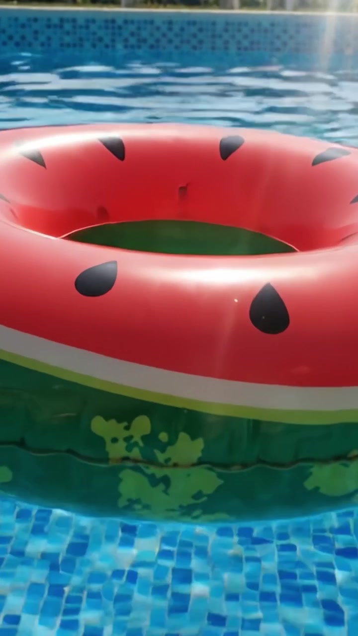 A Vibrant Watermelon-Patterned Pool Float Leisurely Floats in a Refreshing Blue Swimming Pool, Capturing the Essence of Summer Fun and Relaxation