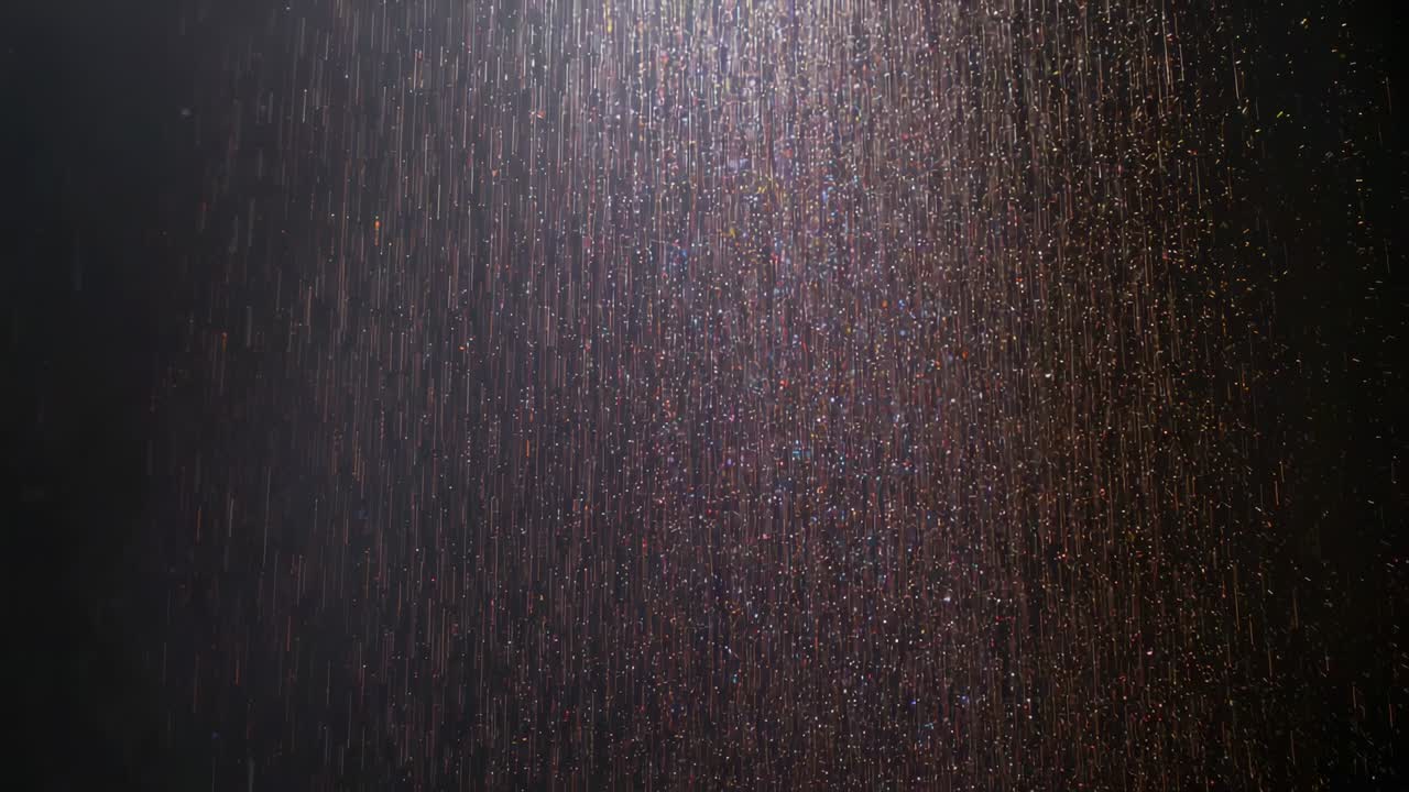 Falling rain intensifying with spotlight brightening, sparkling at night, filling frame