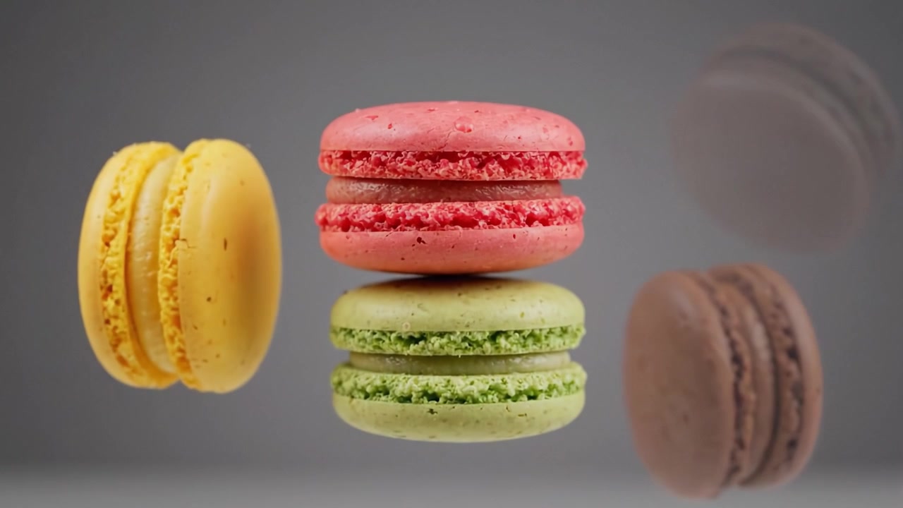 A Vibrant Display of Colorful Macarons Floating in the Air, Showcasing Their Delicate Shapes and Tempting Flavors in an Artistic Culinary Creation