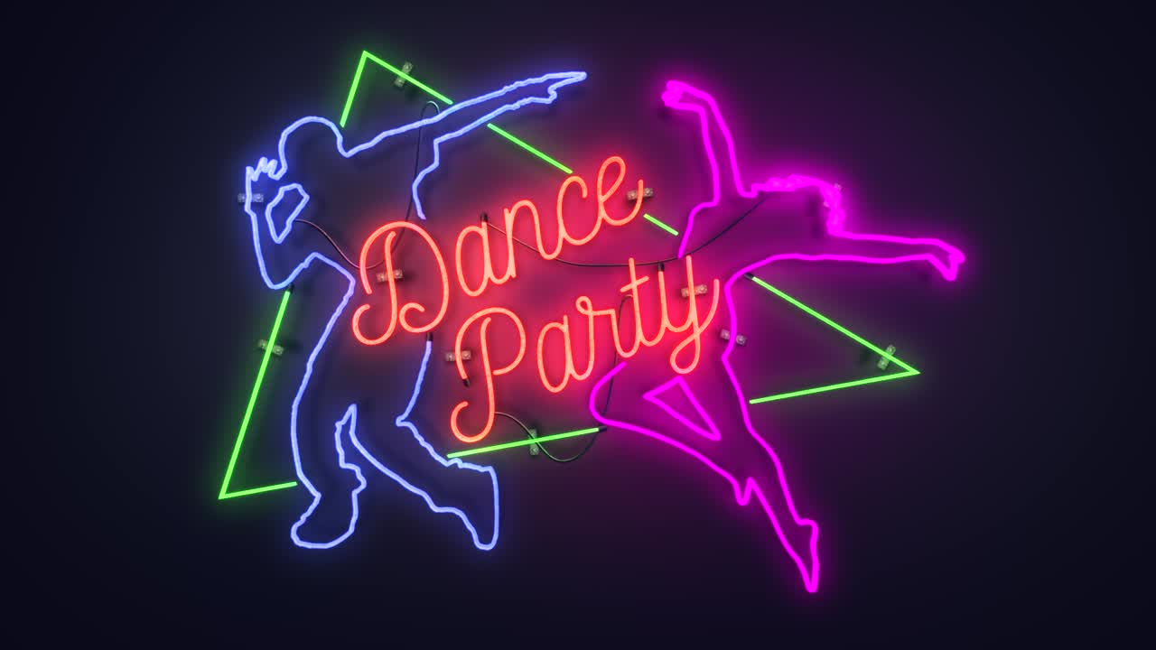 realistic render of a vivid and vibrant animated neon sign, with the words  dance party, on a plain background