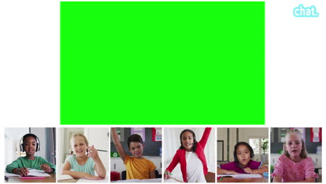 animación de pantalla verde y seis pantallas de niños diversos durante la lección escolar en línea