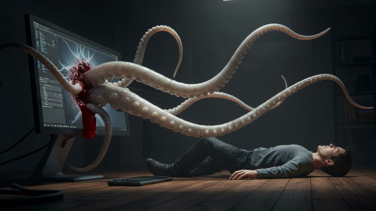 Person interacts with digital art as a giant octopus emerges from computer screen in a surreal setting