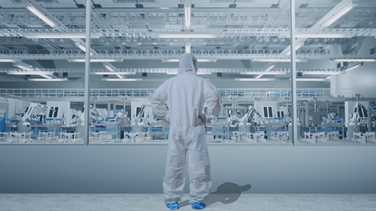 vista trasera del cuerpo completo del científico masculino asiático poniendo las manos en la cadera y mirando a su alrededor en una fábrica de laboratorio moderna con robots automatizados