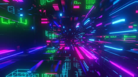 túnel de ciencia ficción de neón de alta tecnología. líneas de brillo de neón trendy forman patrón y construcción en túnel de espejo. volar a través del ciberespacio tecnológico. estructuras tecnológicas complejas. 3d en bucle sin costuras 4k brillante bg