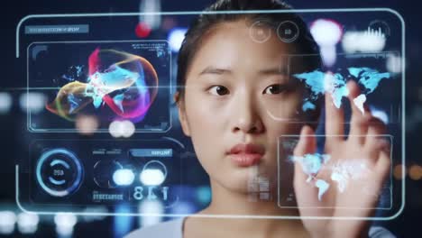 a young woman interacts with a digital interface displaying complex holographic data visualizations and global maps, showcasing the fusion of technology and intuitive user experience