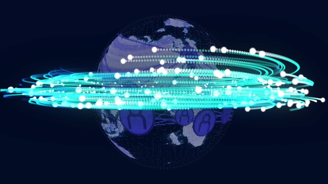 Rotating Earth in space with digital data streams animation