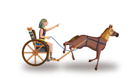 pharaoh riding a horse-drawn chariot in motion