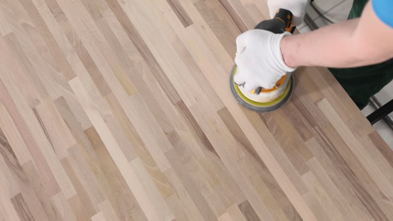 Sanding a wooden surface with an orbital sander