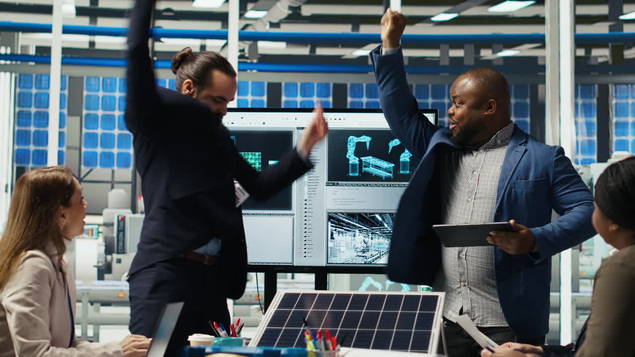 Happy Businessmen In Solar Panel Plant Celebrating Increased Sales, Dancing