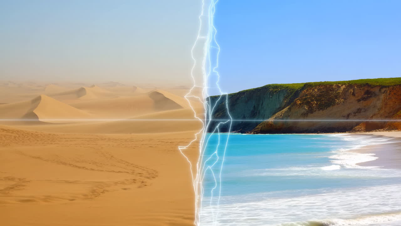 Desert Meets Ocean In Split Landscape, Sharp Lightning Seam Divides Parched Dunes And Turquoise Bay, Steep