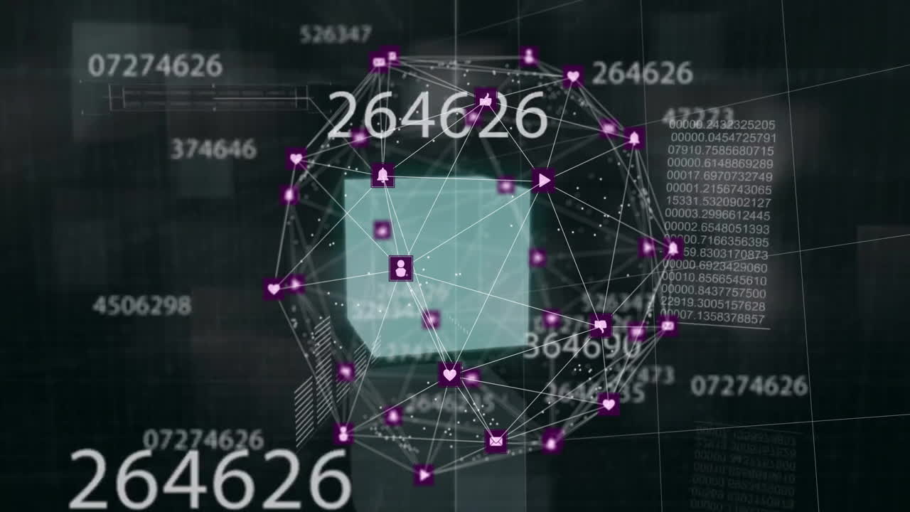 animación de la red de conexiones con iconos sobre el procesamiento de datos