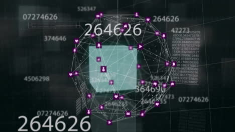 animation of network of connections with icons over data processing