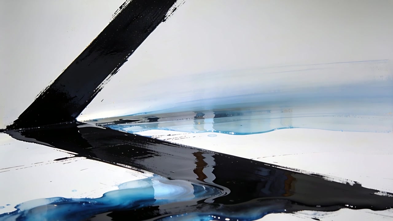 Showing glossy black diagonal stroke contacting pooled blue pigment, spreading across white support
