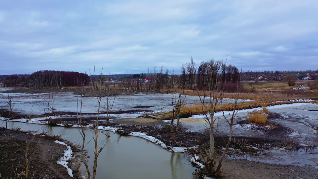 Natural ecology disaster. Dirty water in the river. Dark nature caused by pollution of the environment. Climate change and ecology.
