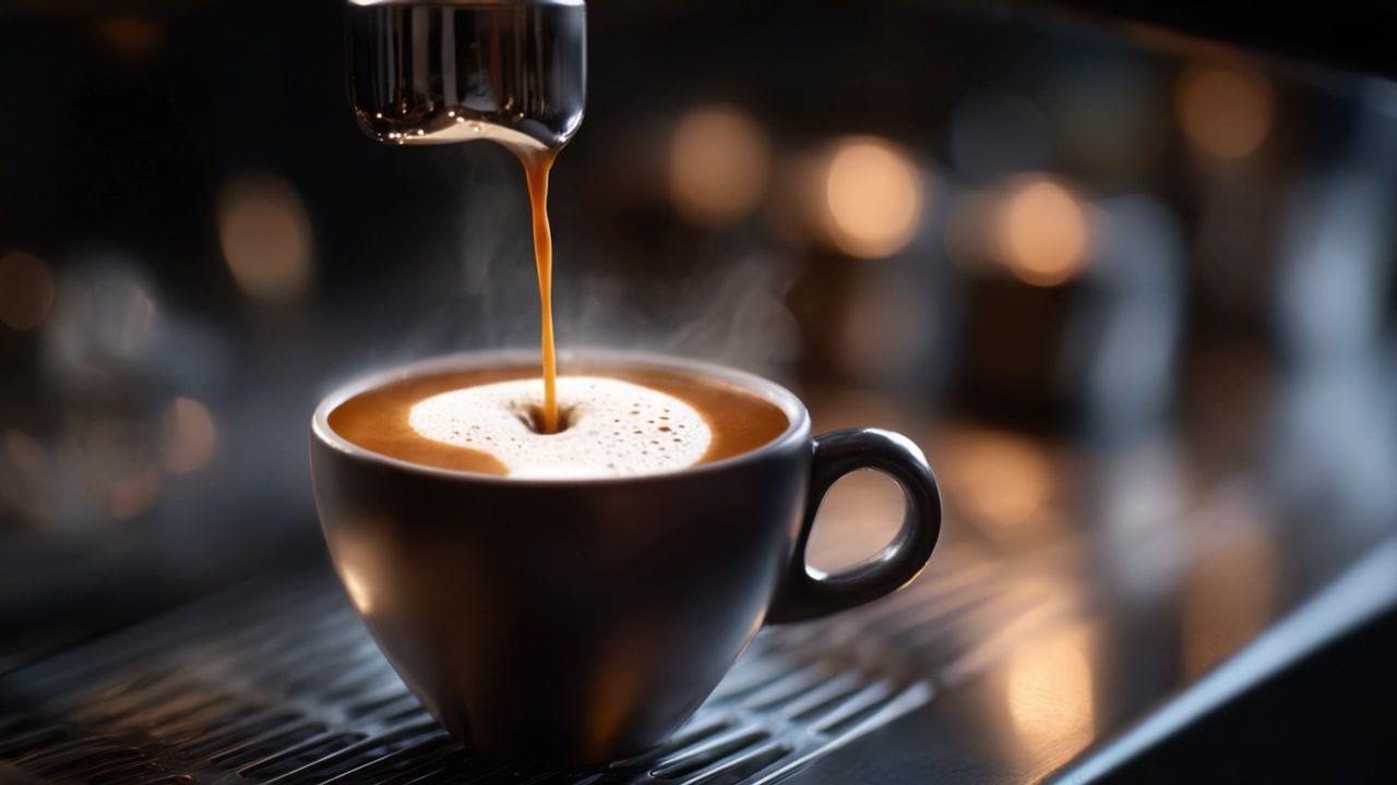 Dampende espresso perfekt hældt i en kop, der fanger rig aroma og silkeblød tekstur i en smuk kaffemaskineopsætning.