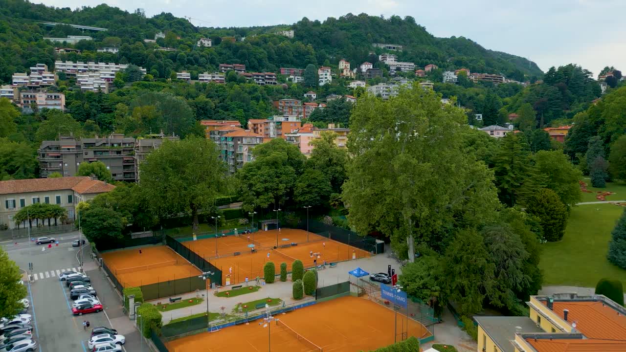 4K Aerial Drone Video of the Tennis Courts at the Beautiful Lakeside Villa Olmo on Lake Como, Italy