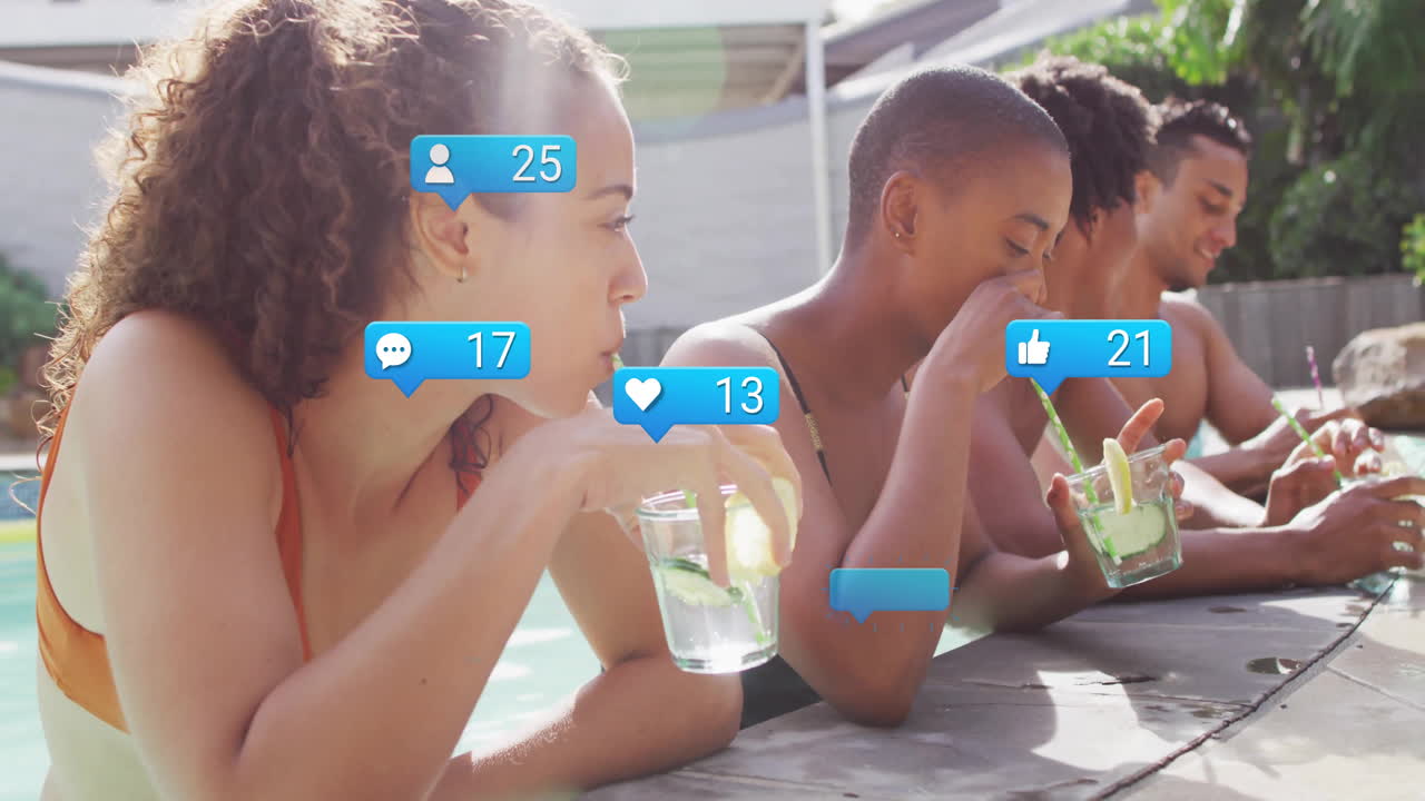 Relaxing by pool, people using smartphones with animation of social media icons