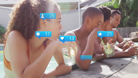 relaxing by pool, people using smartphones with animation of social media icons