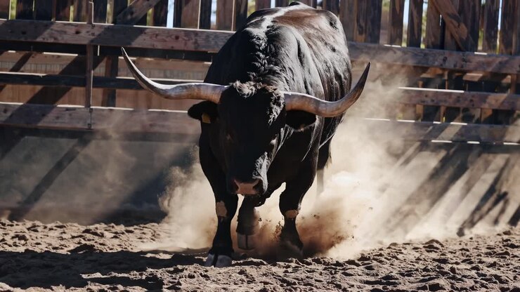 Low-angle video shot of a powerful bull kicking up dust in a rustic wooden pen, emphasizing strength