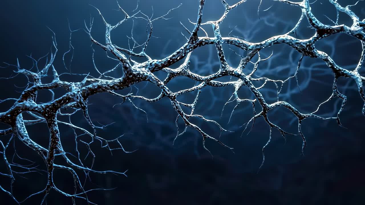 Aerial view of intricate neural network branches against a dark background, showcasing a scientific