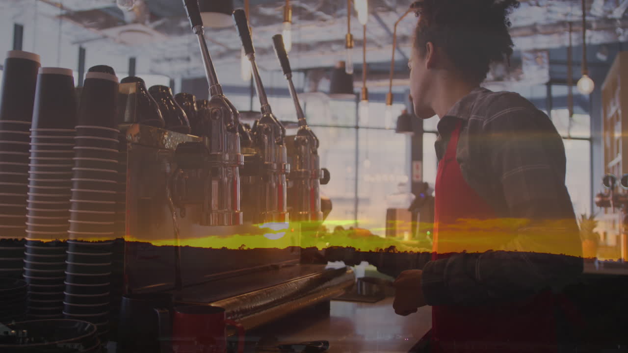 카페에서 커피를 만드는 사람 위의 풍경 애니메이션